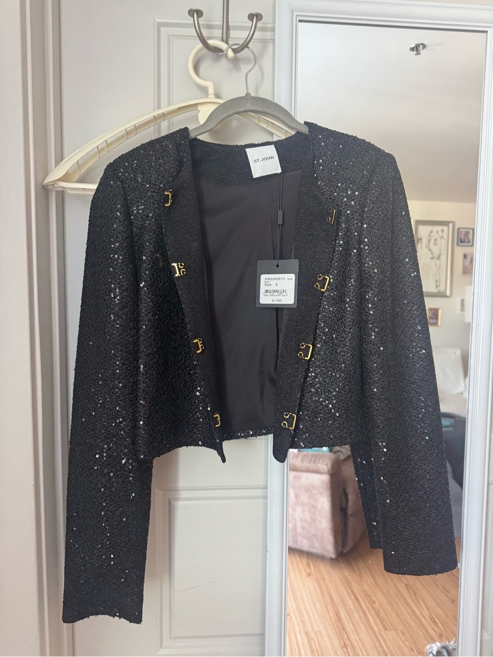 St. John Black Sequin Tweed Cropped Blazer with Gold Hooks